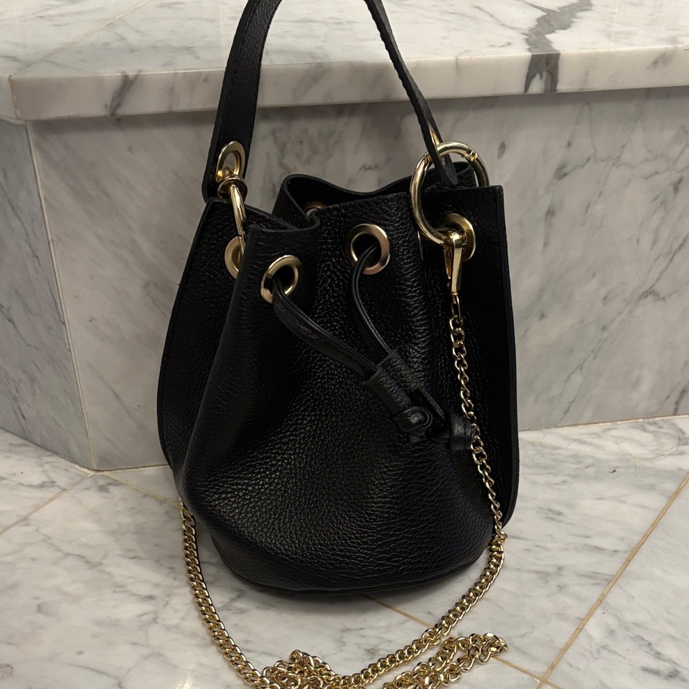 Genuine Leather Small Bucket Bag with Detachable Gold Chain